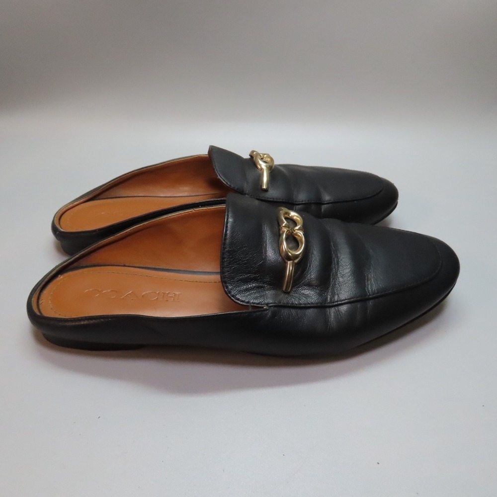 Coach Sienna Black Leather Mule Loafers Gold Hardware Slip-On Flats Size 6
